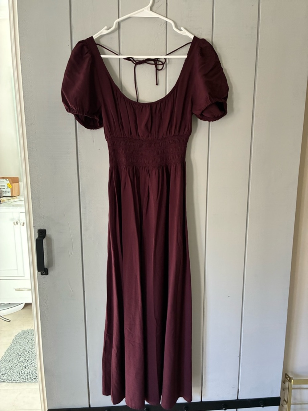 Abercrombie & Fitch Burgundy Maxi Dress with Puff Sleeves